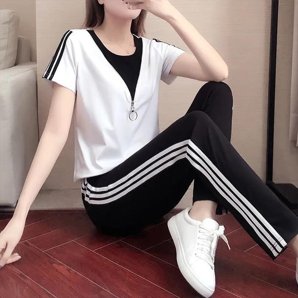 

tracksuit summer short sleeve womens pants casual spliced t shirt side stripe trousers two piece set sports suit jogging loungewear, White