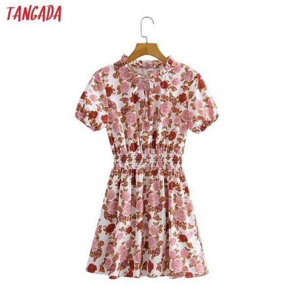 

tangada summer women flowers print dress bow puff short sleeve ladies mini dress vestidos sy246 210609, Black;gray