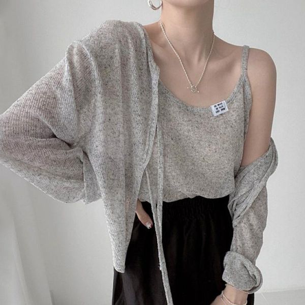 

women's knits & tees korean chic knitting cardigan letter paste cloth loose inside strap vest lace up thin sunscreen knitted for women, White