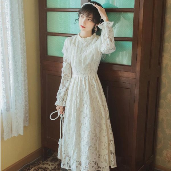 

casual dresses 2021 summer vestido evening party mi-calf dress women elegant white lace long stand-neck full sleeve female, Black;gray