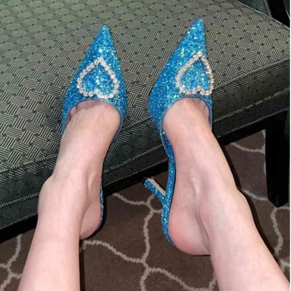 

slippers 2021 blue loving heart shiny pointed toe pumps stiletto heel high heels women's summer r3yb, Black