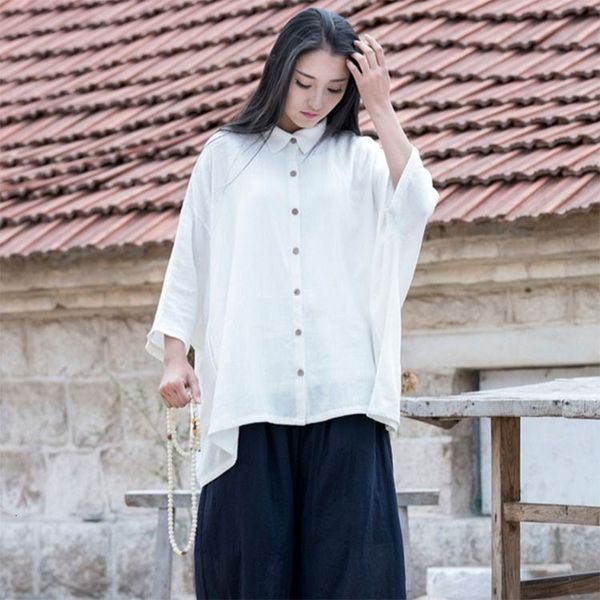 

women's blouses & shirts spring summer arts style women 3/4 sleeve loose turn-down collar cotton linen vintage blouse femme b, White