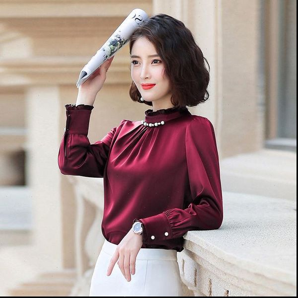 

womens blouses korean fashion silk women beading satin long sleeve shirts plus size xxl blusas femininas elegante ladies, White