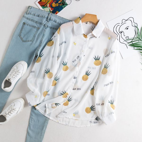 

summer women's shirt sun protection clothing korean style loose kawaii pineapple print chiffon female 210514, White