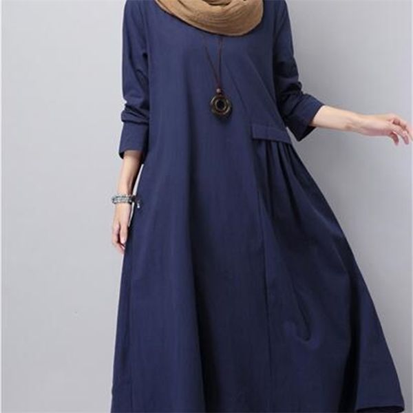 Vestido de linho literário cor sólida plissada moda manga comprida solta tamanho grande mulheres casuais primavera e outono 210331