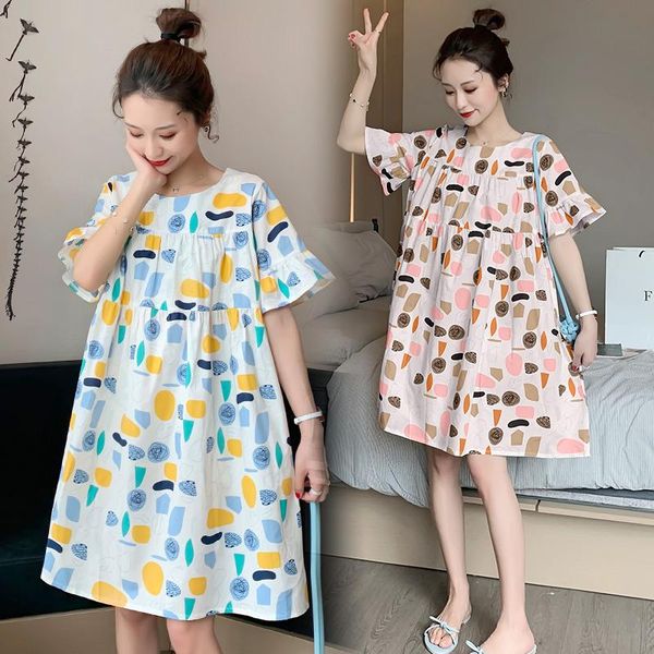 

019# maternity clothes summer o neck cotton short sleeves loose stylish dress pregnant women mom dresses, White