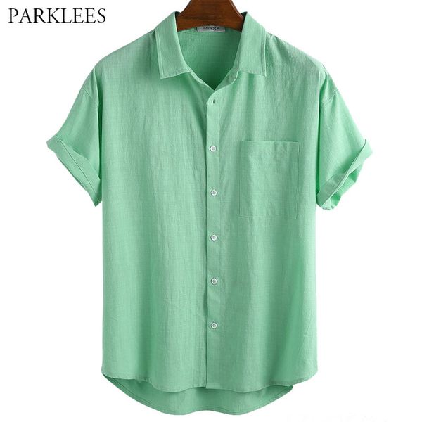 

solid green linen summer men shirt casual loose shirts for men with pocket lapel button up mens short sleeve shirt streetwear 210524, White;black