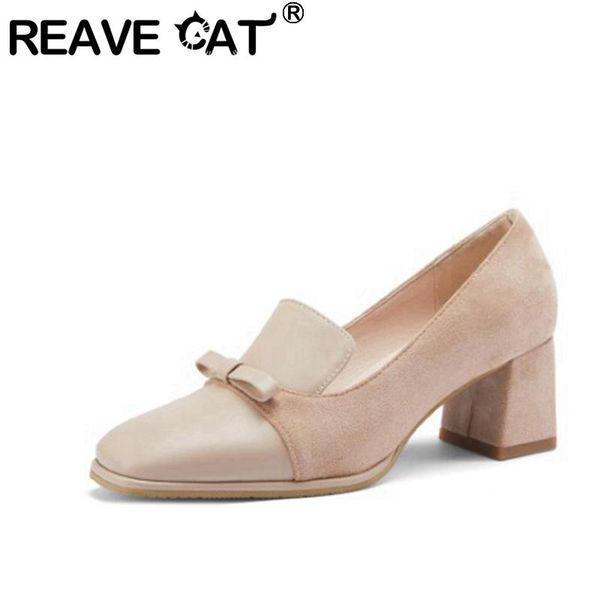 

girseaby 2021 ladies pumps square toe suede mixed color bow 5.5 cm chunky thick heels elegant slip on big size 48 a4082 dress shoes, Black
