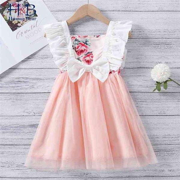 

girls flying-sleeve dresses summer floral printed bow mesh patchwork princess dress toddler for 1-5y 210611, Red;yellow
