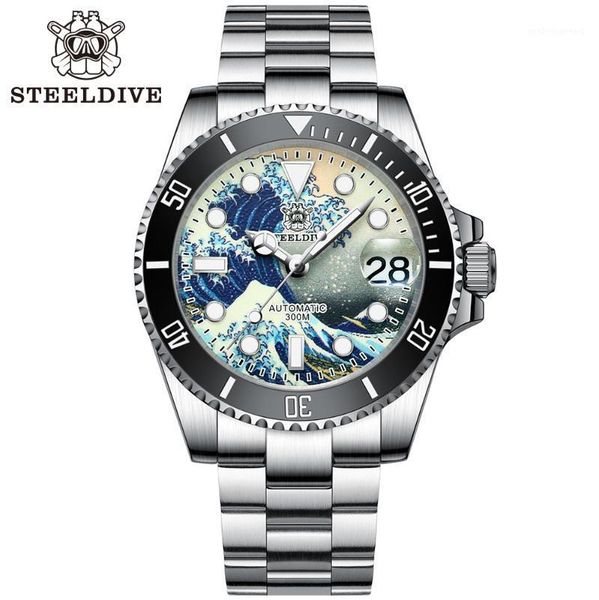 

steeldive sd1953j kanagawa waves dial diving mechanical watch men's automatic stainless steel nh35a diver wristwatches, Slivery;brown