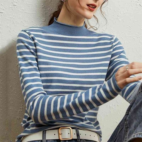 

autumn winter striped print knitted bodycon sweater turtleneck long sleeve slim jumper pullover basic knitwear sweaters 210520, White;black