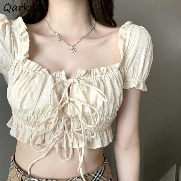 

women's blouses & shirts women apricot summer design square collar y2k bandage soft cropped tunic fashion sweet slim cute lovely casual, White