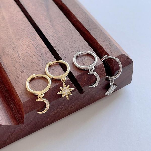 

hoop & huggie real 925 sterling silver small earrings with charms women teen girls asymetric moon star zircon earings fashion jewelry, Golden;silver