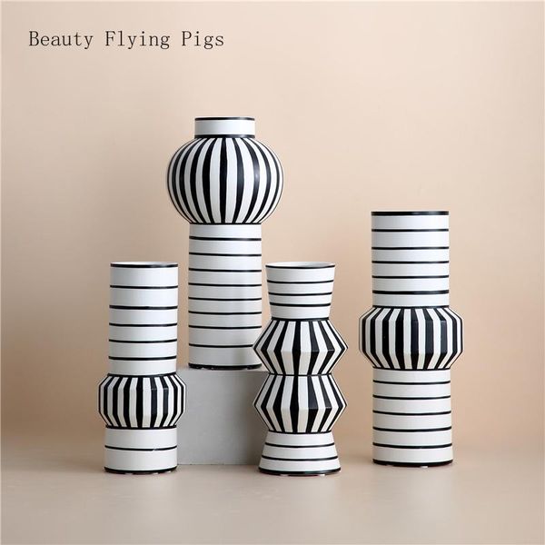 Vasos Modern Black White Stripe Cerâmica Arte Flor Arranjo Vaso Sala de Estar TV Ornamentos Home Hidropônico Planta