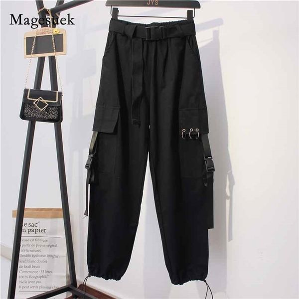 

autumn women korean style loose casual all-match pant metal buckle beam s elastic baggy cargo alon femme 11076 210518, Black;white