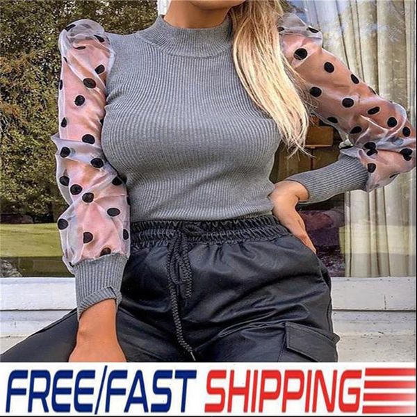 

elegant knitted mesh puff women blouses polka dot long sleeve turtleneck spring autumn blouse streetwear s xl, White