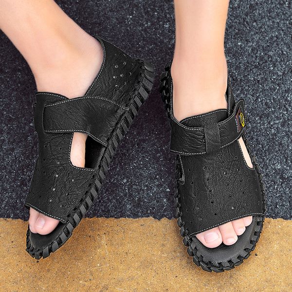 

fashion beach sandals mens sandals leather shoes mens slippers summer breathable men shoes man outdoor soft casual sneakers, Black
