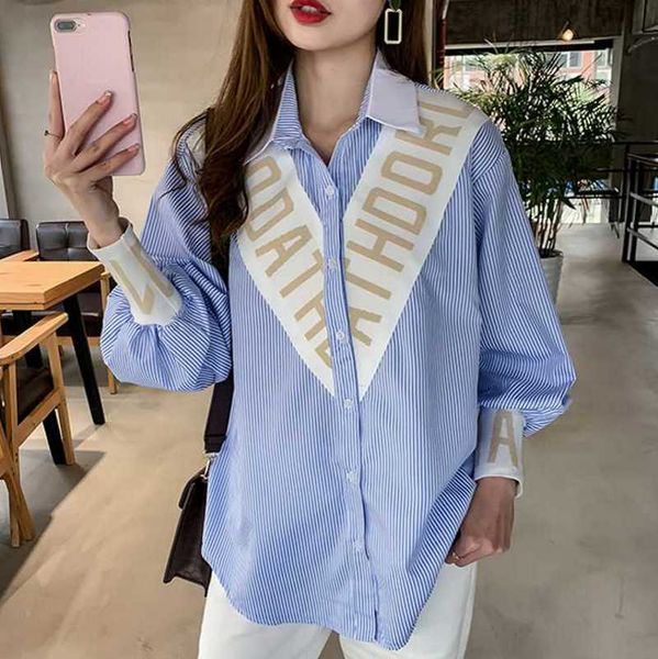 

spring summer women striped blouse fashion casual turn down collar lamp sleeve blouse loose shirts 210522, White