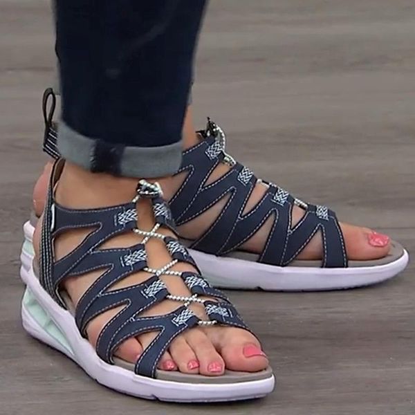 

sandals solid color round open toe soft wedge drawstring ladies sandalias summer fashion outdoor beach shoes women, Black