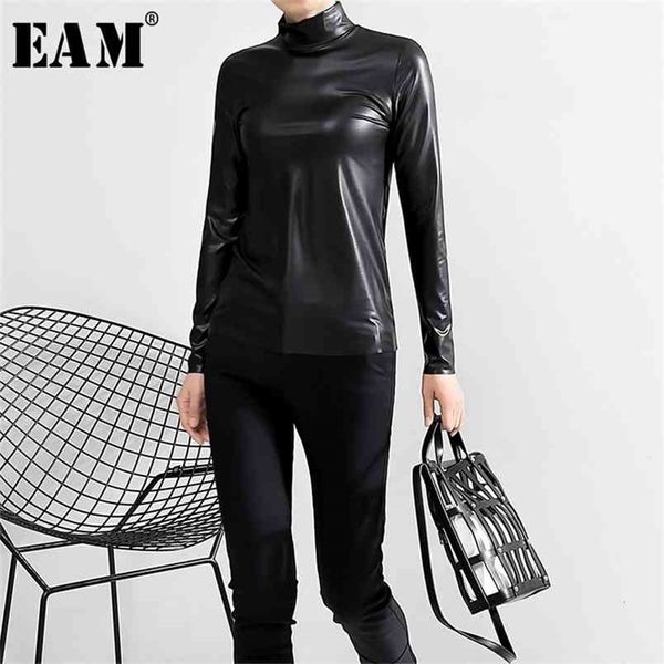 

[eam] women black brief pu leather temperament t-shirt new stand collar long sleeve fashion tide spring autumn jy93301 210406, White