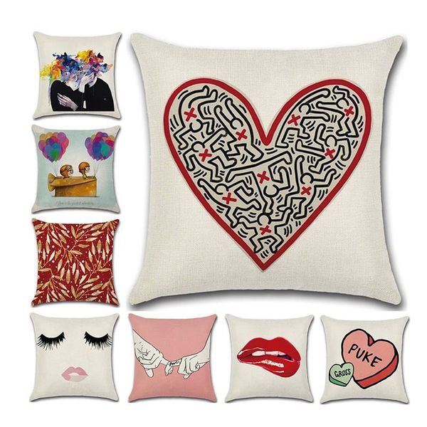 

heart printed lovers square cushion cover pillowcase linen waist throw pillow for sofa seat living room decor funda cojin cushion/decorative