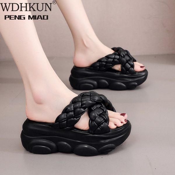 

slippers women's wedge slides fashion shoes woman summer women outdoor thick bottom flat platform 7cm height hb05, Black