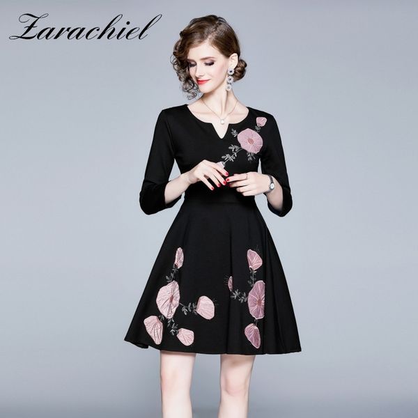 

autumn fashion pink flower embroidery dress for women v-neck three quarter sleeve high waist mini vintage dresses 210416, Black;gray
