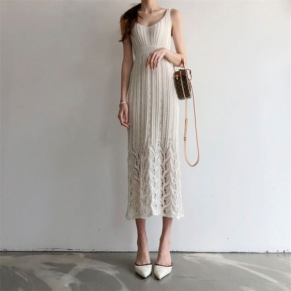 

knit dress women pure color spaghetti strap v-neck sleeveless high waist hollow out summer fashion vest 210603, Black;gray