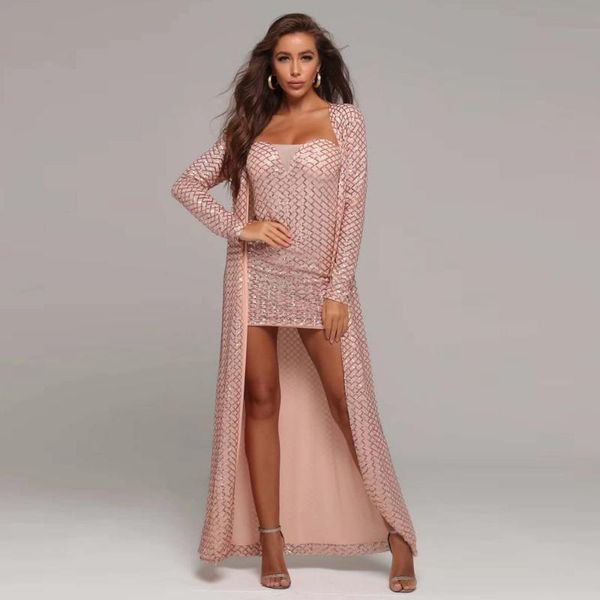 

casual dresses women summer two 2 pieces pink sequin dress long sleeve 2021 strapless clubwear celebrity party wholesale festa, Black;gray