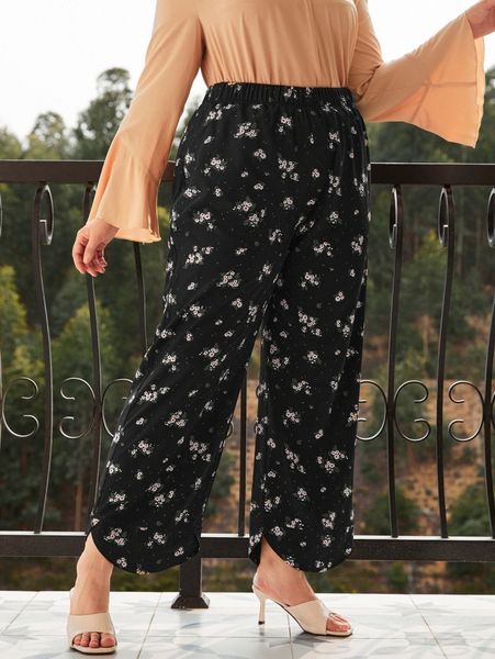 

plus ditsy floral curved hem pants 22j6#, Black
