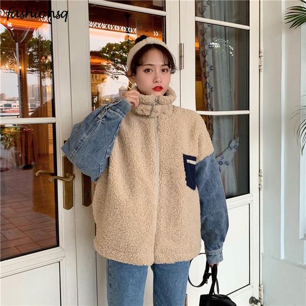 

women's jackets couple casual lambswool patchwork denim jacket for women lapel long sleeve female fashion clothing autumn winter coat, Black;brown