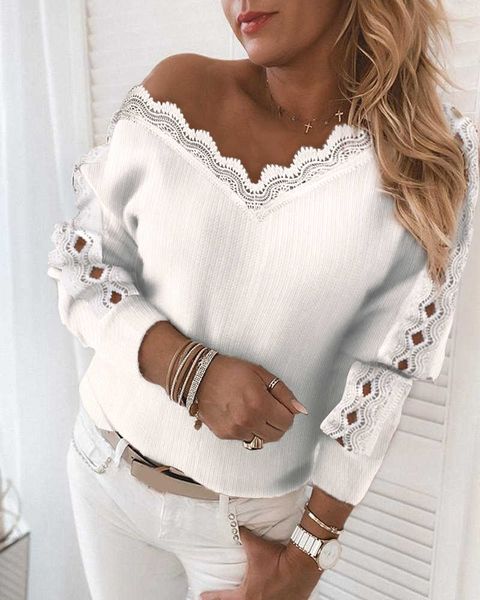 

women fashion casual long sleeve pullovers autumn fashion female brief cozy lace trim v-neck hollow-out knit sweater 210716, White;black