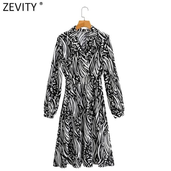 

zevity women vintage turn down collar abstract print elastic waist kneeth shirt dress female chic long sleeve vestido ds4679 210419, Black;gray