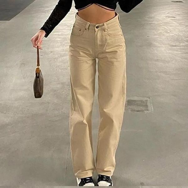 

women's jeans khaki vintage baggy women 90s casual streetwear pockets trousers wide leg pants high waist straight denim fall, Blue