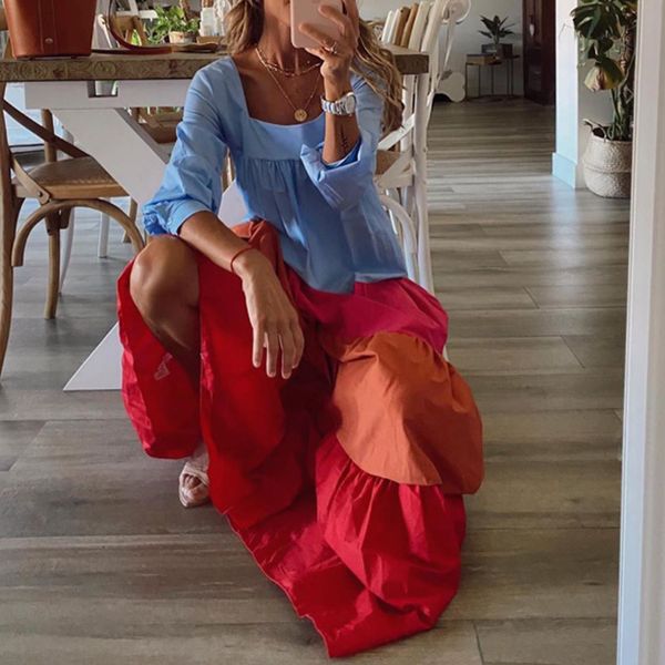 

2021women vintage long sleeve patchwork pleated dresses ladies slash neck loose party dress autumn casual female dress vestidos, Black;gray