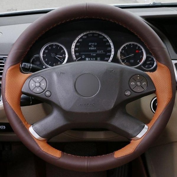 

steering wheel covers diy hand-stitched car cover brown dark leather for - e300l 2010-2013 accessories