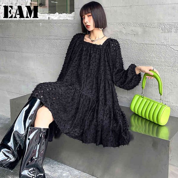 

[eam] women black big size hollow out ruffle dress square neck long puff sleeve loose fit fashion spring summer 1dd7051 21512, Black;gray
