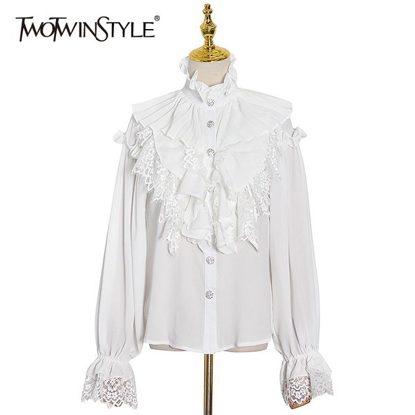 

twotwinstyle white patchwork ruffle lace blouse for women stand collar flare sleeve vintage shirt female fashion clothing 210517