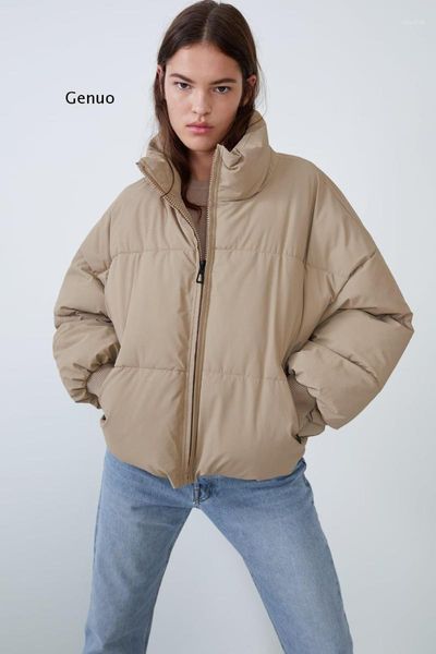

stand collar parkas women thick warm winter bubble coats female khaki jackets pockets zipper simple overcoats women's down, Black