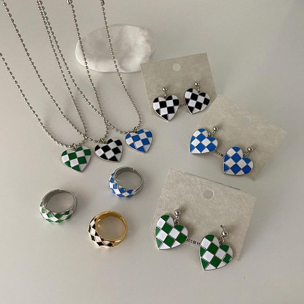 

pendant necklaces trendy chessboard chequer love heart necklace for women multicolor enamel metal accessories, Silver