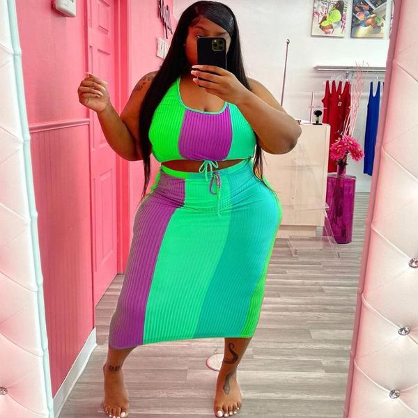 

plus size tracksuits two piece outfits women clothes casual slash stripy crop elegant mid calf skirt suits wholesale drop, Black