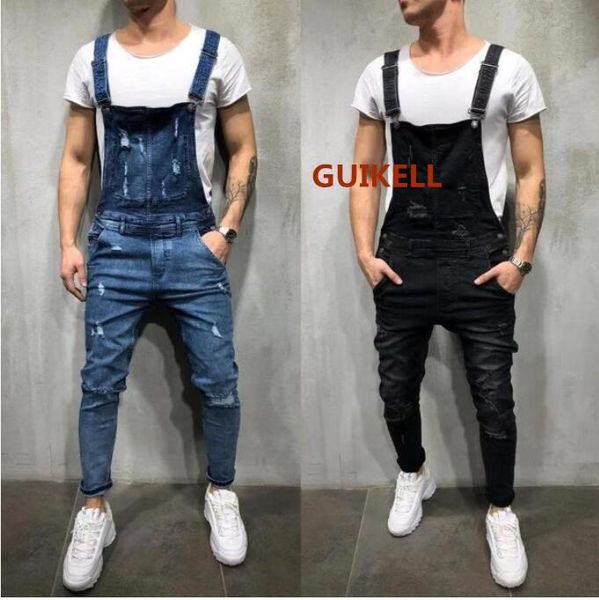

wish fashion men's suspender denim panties tear jeans pants, Blue