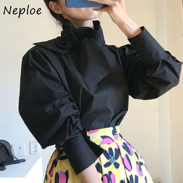 

neploe solid color puff sleeve women blouse autumn chic drawstring bow pullover shirts elegant fashion femme blusas 1g686 210410, White