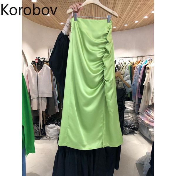 

skirts korobov 2021 chic high waist a-line summer korean sweet ruched faldas mujer vintage harajuku 2a515, Black