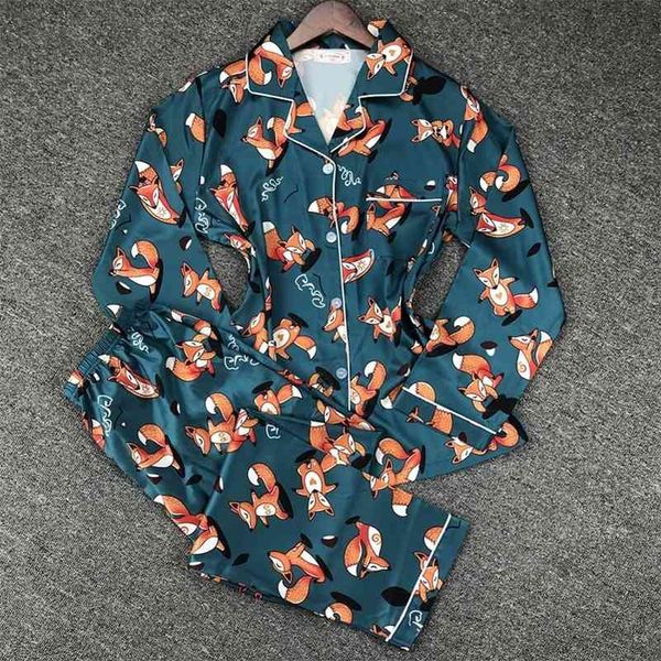 

fox print pajamas home suit two pieces satin set women pijamas sleepwear nightgown ladies pyjamas femme long sleeve autumn 210330, Black;red