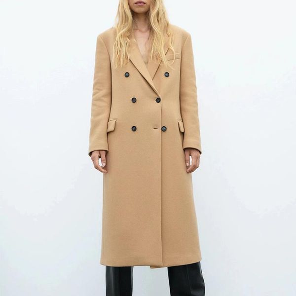 

women's wool & blends solid color long coat, double-breasted coat with sleeve pockets, winter 2021, Black