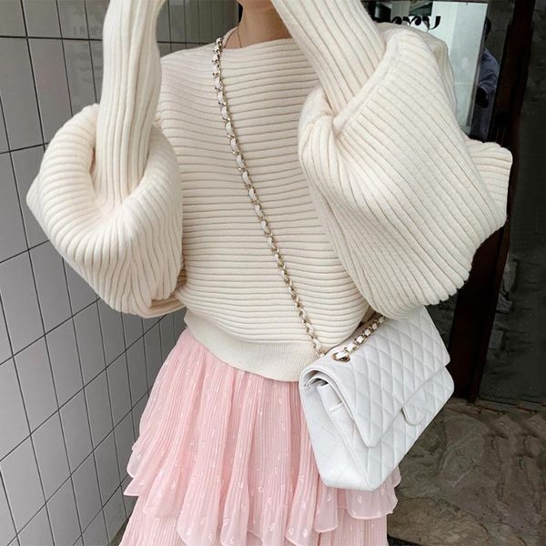 

women's sweaters [ewq] korea gentle simple casual round neck gray pit strip loose lantern sleeve knitted sweater female fashion 2021 16, White;black