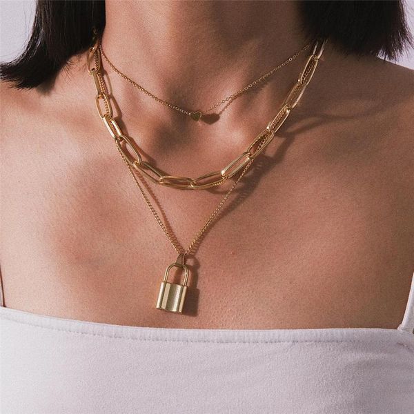 

pendant necklaces jtcfly multi layer lover lock choker necklace steampunk padlock heart chain collier couple jewelry gift, Silver