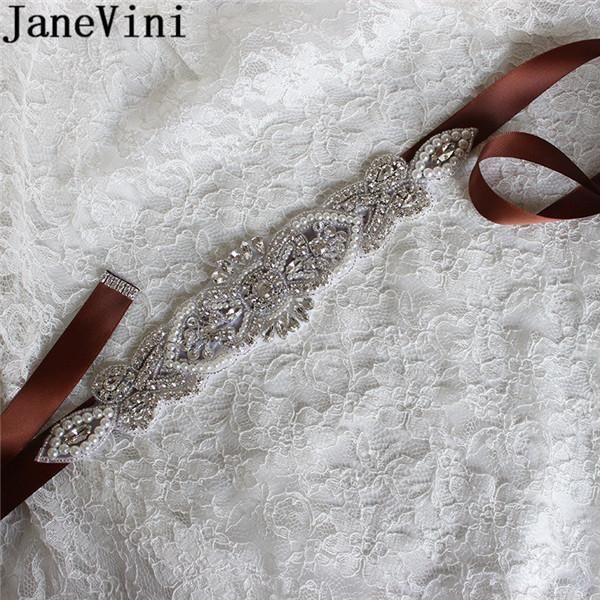 

wedding sashes janevini luxury pearl crystal bridal belts brown bling stones dress belt accessories satin bride ribbon, White