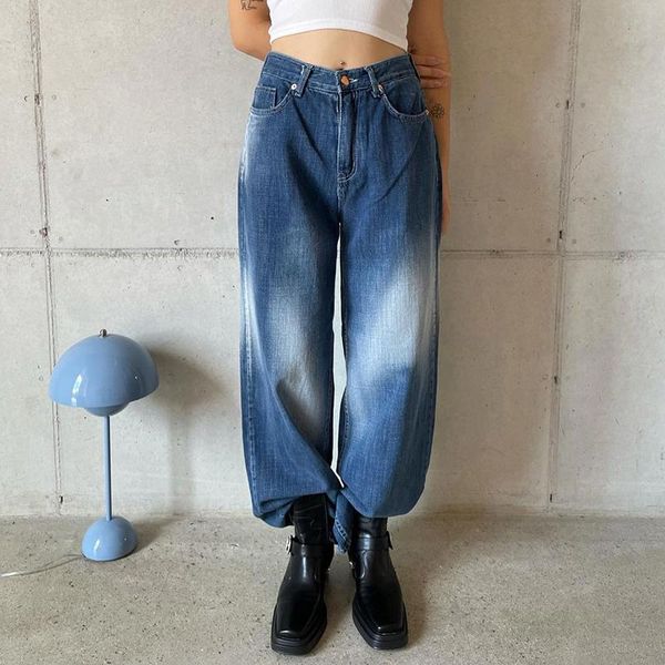 

women's jeans women wide-leg adults casual contrast color denim pants with pockets (blue)